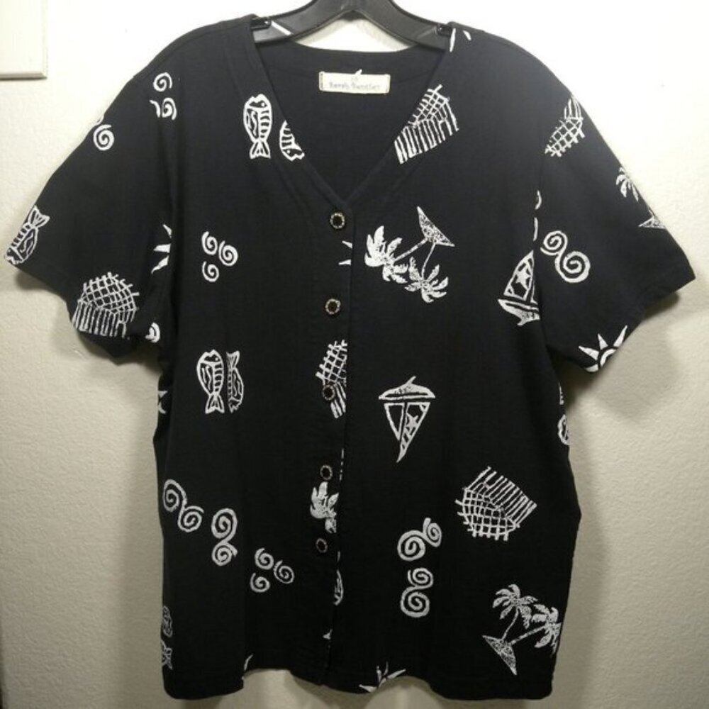 Sarah Bentley Pisces Black & White Short Sleeve Button Up Shirt SZ 1X - Picture 13 of 13